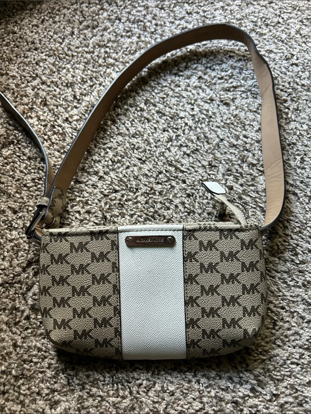 Michael Kors Tan Monogram Crossbody with White Center Stripe
